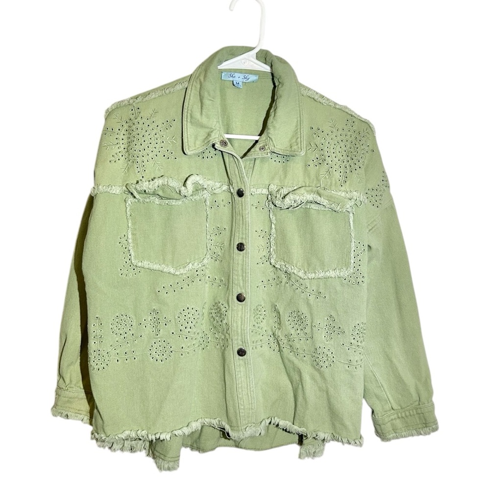 She + Sky Light Green Boho Distressed Eyelet Snap Front Utility Jacket - Picture 1 of 4